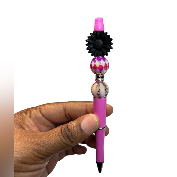 Accessories - Hand Crafted Pink Beaded Pen with Black Flower Top